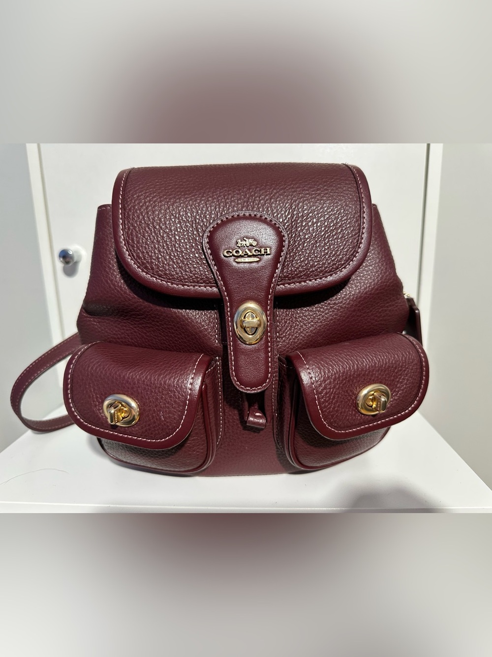 Coach Hadley Backpack Pebble Leather Gold Dark Wine